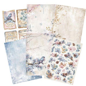 May include: A collection of scrapbook paper and embellishments with a winter theme. The designs feature birds, flowers, and text like "Brighten your day" and "Follow your dreams." The color palette includes soft blues, pinks, and beige.