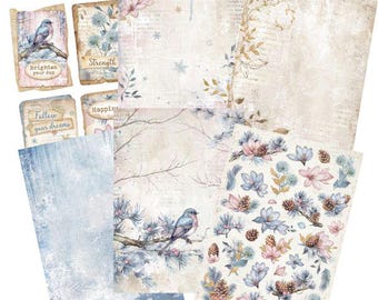 Puede incluir: Una colección de papel de scrapbook y adornos con temática invernal. Los diseños presentan pájaros, flores y texto como "Brighten your day" y "Follow your dreams". La paleta de colores incluye azules suaves, rosas y beige.