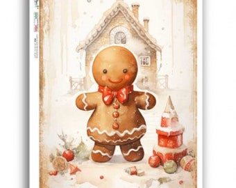 Paper Designs A4 Rice Paper - Gingerbread Man with House - Decoupage Rice Paper - A4 Rice Paper - Christmas Rice Paper - 34-243