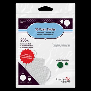 May include: A package of 236 white, self-adhesive foam circles. The circles are 0.25 inches in diameter and 0.08 inches thick. The package is labeled "3D Foam Circles" and "Permanent White Mix Double-Sided Adhesive".