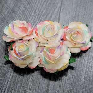 Promlee Flowers 40mm Rainbow Tea Roses 5pk - Paper Flowers - Flower Embellishments - Mulberry Paper Flowers - Rainbow Flowers - 29-625