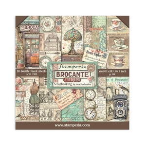 May include: A decorative paper pack with a vintage theme. The design features antique shop illustrations, teacups, clocks, and postcards. The paper measures 8x8 inches (20.3x20.3 cm) and is acid-free, suitable for scrapbooking.