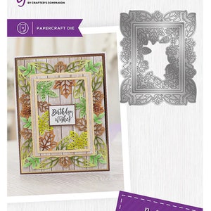 May include: A set of four metal dies for paper crafting featuring a leafy frame design. The dies are silver and have a detailed design of leaves and branches. The largest die measures 4 inches by 5 inches (10.2 cm by 12.7 cm). The text "SEASONED LEAVES" is printed on the packaging.