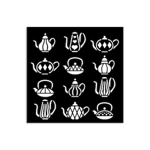 May include: A black square featuring a grid of twelve white teapot silhouettes. Each teapot design varies, showcasing different shapes and decorative patterns. The teapots include geometric and floral motifs.