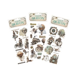 May include: Three sheets of "Rub On" transfer stickers featuring steampunk-themed illustrations. The designs include hot air balloons, vintage vehicles, gears, and figures in sepia tones, with phrases like "Adventure Begins" and "Let's Travel."