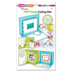 May include: A set of 11 die-cut frames for creating pop-up cards. The frames are in various shapes and sizes, including a square, a rectangle, and a circle. The frames are designed to be used with coordinating clear stamps. The image shows a sample card with a pop-up frame featuring a butterfly design.