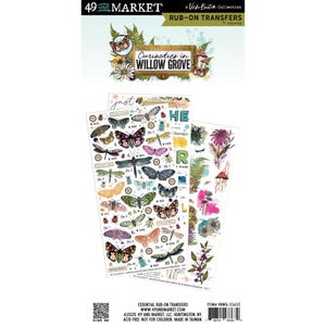 May include: A package of rub-on transfer sheets featuring botanical and insect designs. The sheets include butterflies, dragonflies, flowers, and foliage. The package is labeled "Curiosities in Willow Grove" and includes the text "Essential Rub-On Transfers."