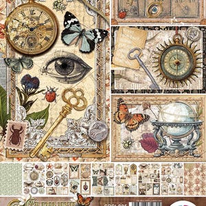 May include: A collage of vintage-style ephemera, including a pocket watch, butterflies, keys, and a compass. The design features the text "Rare Oddities" and "Cabinet of Curiosities". The color palette includes beige, brown, and gold tones.