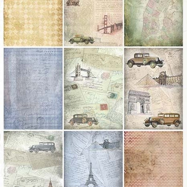 ITD Collection A4 Old Cars Collage Rice Paper - Vintage Rice Paper - Old Cars Rice Paper - Architecture Rice Paper - Travel - 31-471