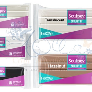 May include: Four packages of Sculpey III oven-bake clay in the colors Pearl, White, Black, and Hazelnut. Each package contains 8 ounces (227 grams) of clay.