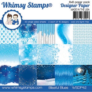 May include: A pack of 6x6 inch designer paper featuring 15 different blue and white winter themed designs. The paper is acid and lignin free. The pack includes 30 single-sided sheets, with 2 sheets of each design. The paper is made in the USA. The pack is labeled "Blissful Blues" and "WSDP42".