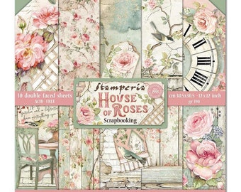 Papier cartonné maison des roses Stamperia 12 x 12 - papier cartonné recto-verso - papier cartonné 12 x 12 - maison des roses - Stamperia roses - 23-402