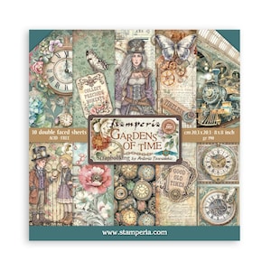 May include: A pack of 10 double-faced scrapbook sheets with a steampunk theme. The design features clocks, butterflies, and a woman in a Victorian outfit. The text reads "Gardens of Time" and "Collect Precious Moments."