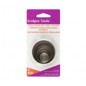 May include: A set of six stainless steel circle cutters in various sizes, packaged on a white card with the brand name "Sculpey Tools" and the text "Circle Stainless Steel Cutters" in English, French, and Spanish.