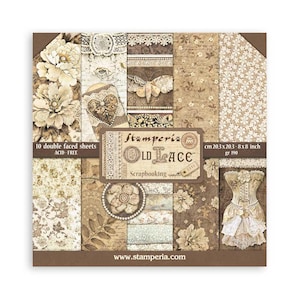 May include: A pack of 10 double-sided scrapbook paper sheets featuring a vintage lace theme. The paper is acid-free and measures 8x8 inches (20.3 x 20.3 cm). The paper features a variety of designs, including floral patterns, lace motifs, and a butterfly.