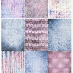 May include: A sheet of patterned paper with nine different designs. The designs include stripes, polka dots, and various geometric patterns. The paper is in shades of blue, purple, and white.