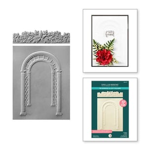 May include: A Spellbinders 3D Emboss & Cut Folder featuring a decorative archway with pillars and a floral border. The folder is designed for use with a die-cutting machine to create intricate 3D designs.