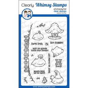 May include: A sheet of clear photopolymer stamps with a chicken theme. The stamps feature chickens in various poses, including a chicken laying eggs, a chicken with a sign that says 