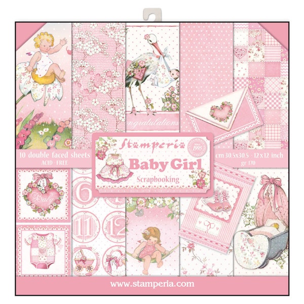 LIMITED STOCK - Stamperia Baby Girl Paper Pack - Double Sided Paper - 12x12 Paper - 12 x 12 - Pink paper - Card Stock Paper - 23-039