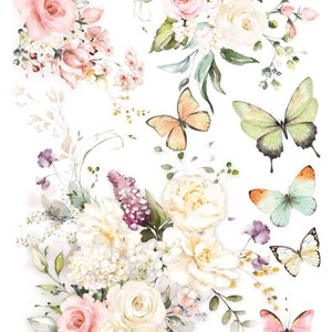 以下が含まれることがあります： 白、ピンク、紫の花と緑の葉、蝶が描かれた花柄のデザイン。蝶はオレンジ、グリーン、ピンクなど様々な色をしています。デザインは白い背景です。