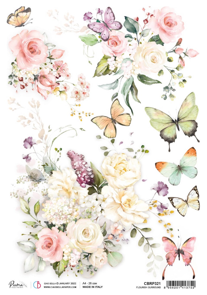 以下が含まれることがあります： 白、ピンク、紫の花と緑の葉、蝶が描かれた花柄のデザイン。蝶はオレンジ、グリーン、ピンクなど様々な色をしています。デザインは白い背景です。