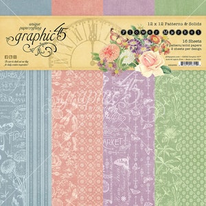 May include: A pack of 16 12x12 inch patterned and solid scrapbook papers featuring a floral theme with butterflies, a clock, and the text "Flower Market". The papers are acid and lignin free and made in the USA.