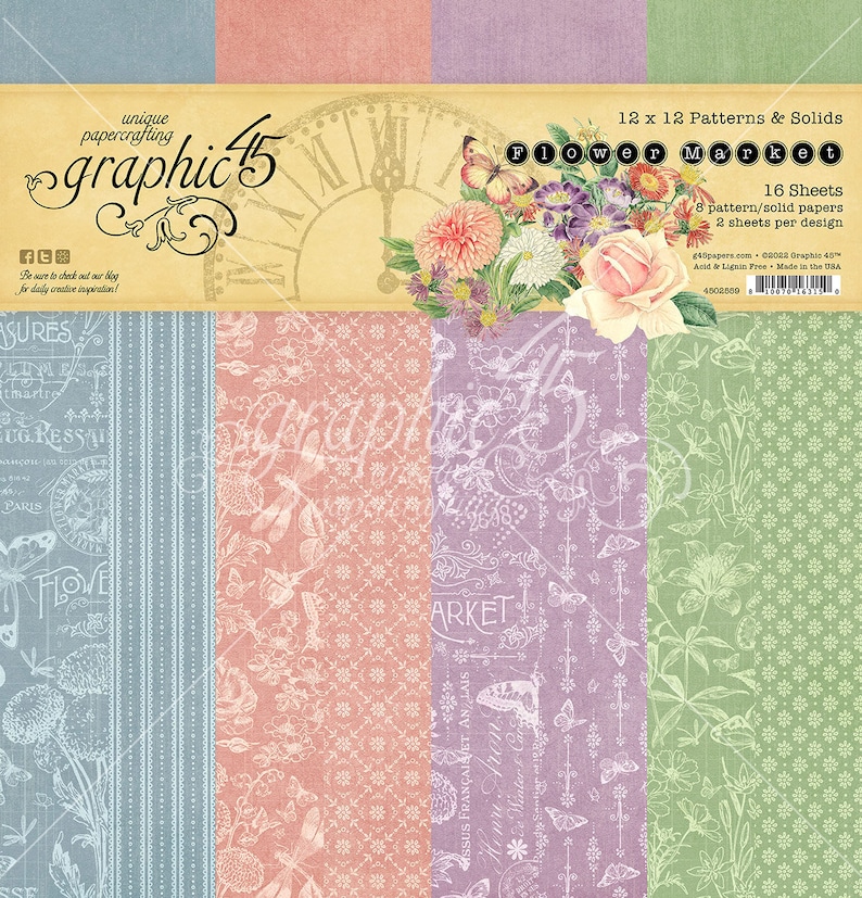 May include: A pack of 16 12x12 inch patterned and solid scrapbook papers featuring a floral theme with butterflies, a clock, and the text "Flower Market". The papers are acid and lignin free and made in the USA.