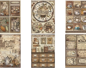 Puede incluir: Un collage de estilo vintage con imágenes de café y chocolate. El collage incluye imágenes de granos de café, cafeteras, relojes y barras de chocolate. Las imágenes están en tonos de marrón, beige y blanco.