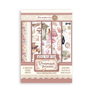 May include: A set of 8 adhesive washi sheets with a romantic theme. The sheets feature illustrations of a piano, a wedding dress, a cake, a bouquet of flowers, and other romantic details. The sheets are acid-free and measure 5.8 x 8.3 inches.