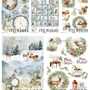 May include: Four digital paper sheets with a Christmas theme. The sheets feature illustrations of deer, wreaths, lanterns, and other holiday imagery. The text "Merry Christmas", "Holly Jolly", "Best Wishes", and "Merry Kiss Me" are included on the sheets.