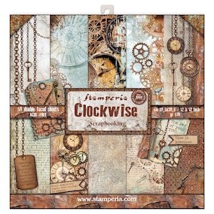 May include: A pack of 10 double-sided scrapbook paper sheets featuring a steampunk theme with clocks, gears, keys, and chains. The paper is acid-free and measures 12 x 12 inches.