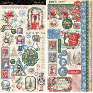 May include: A cardstock sticker set titled "Deck the Halls" with a variety of Christmas-themed designs. Includes images of nutcrackers, Christmas trees, wreaths, and holiday greetings. Features red, green, blue, and white colors.