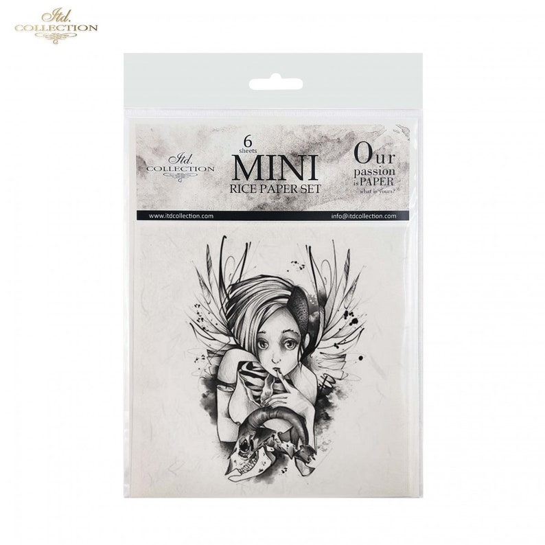 May include: A black and white illustration of a winged fairy with a skull on a pack of 6 mini rice paper sheets. The text on the pack reads "Itd. Collection Mini Rice Paper Set Our passion is PAPER what is yours?"