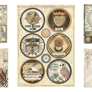 May include: A set of vintage-style paper ephemera featuring a variety of designs, including a globe, a heart, a butterfly, an owl, and a clock. The paper is cream-colored with brown and gold accents. The designs are printed on a textured background.