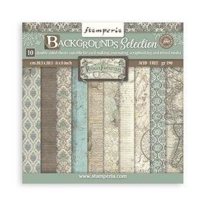 May include: A package of double-sided scrapbook paper with various vintage-style designs. The paper pack includes patterns such as damask, maps, and aged paper textures. The package is labeled "BACKGROUNDS Selection" and includes the text "VOYAGES FANTASTIQUES". The paper measures 8 x 8 inches.
