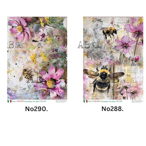 May include: Two decoupage rice papers featuring a floral design with bees. The first paper has a pink flower with a bee on the left side and the text "No290." The second paper has a bee on the right side and the text "No288."
