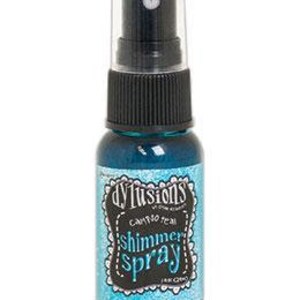 May include: A small bottle of turquoise blue shimmer spray with a black cap and label that reads "Dylushions  Craft  Shimmer Spray  Aqua Chino"