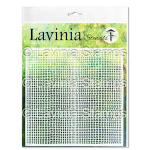 May include: White plastic stencil with a grid pattern of small circles. The stencil is packaged in a clear plastic bag with a green and brown background and the text "Lavinia Stencils" printed on it.