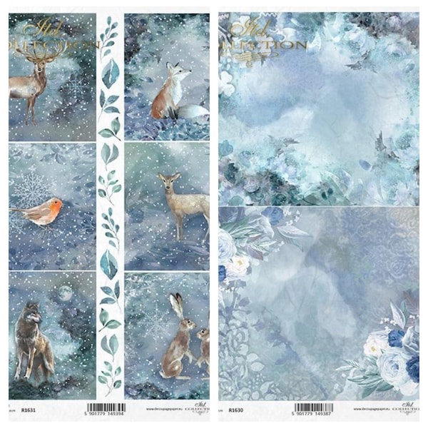 ITD Collection Christmas in Blue Part 2 Rice Paper - Blue Floral Composition Rice Paper - Winter Rice Paper - Forest Animals Rice Paper