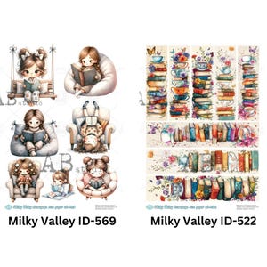 May include: Digital paper pack with illustrations of girls reading books in various settings. The pack includes a variety of book stacks, floral elements, and other decorative elements. The text "Milky Valley ID-569" and "Milky Valley ID-522" is included in the image.