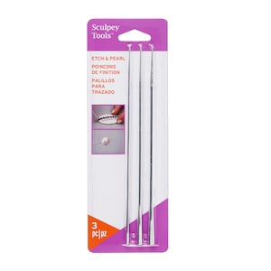 May include: A package of three silver Sculpey Tools Etch & Pearl Poincon de Finition, or detail tools, for sculpting and crafting. The package is purple and white with the text "Sculpey Tools" and "Etch & Pearl" in black.