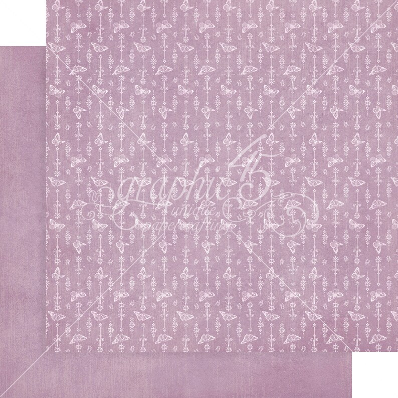 May include: A digital paper with a light purple background and a repeating pattern of white butterflies and floral designs.