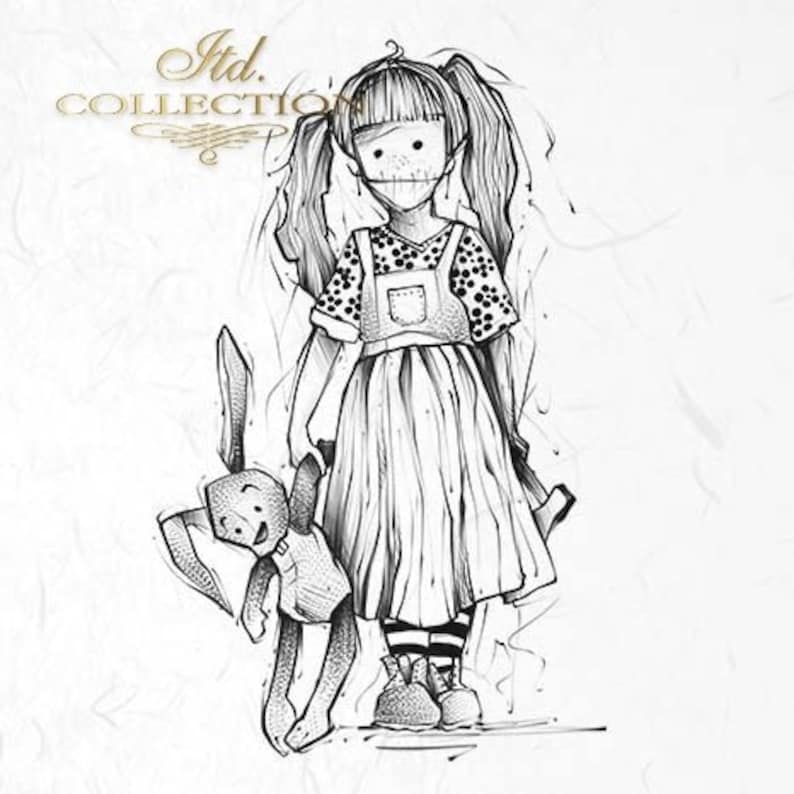 May include: Black and white illustration of a girl with pigtails wearing a dress and holding a stuffed bunny rabbit. The girl has a stitched-up mouth and a blank expression.