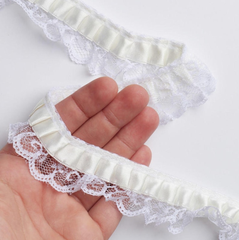 White Ruffle Ribbon Wide 1 YARD Ruffled Ribbon on White Lace Trim - 1 Inch Lace - White Lace ...