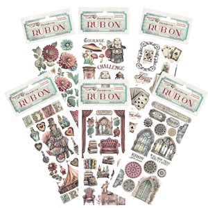 May include: A set of six sheets of rub-on transfers featuring whimsical illustrations with a vintage aesthetic. The illustrations include a variety of images, such as flowers, playing cards, a clock, a rabbit, a bottle, a window, a book, and a chair. The sheets are labeled "Master Emperia Rub On".