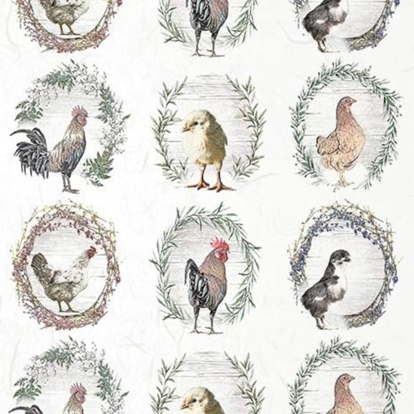 ITD Collection A4 Hens and Roosters Rice Paper - Floral Wreath Rice Paper - Rooster Rice Paper - Hen Rice Paper - Chicken - 31-488