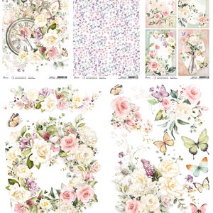 以下が含まれることがあります： ピンクと白のバラ、蝶、花柄のウォーターカラーイラストが描かれたデジタルペーパーデザイン6点セット。スクラップブッキング、カード作り、その他のペーパークラフトに最適です。