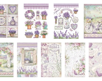 May include: A set of 10 digital scrapbook papers featuring a lavender theme. The papers include images of lavender flowers, a bicycle, a window, a gate, and a variety of text and floral patterns. The papers are in shades of purple, pink, green, and white.