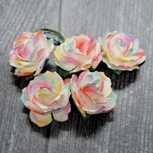 Promlee Flowers 30mm Rainbow Wild Roses 5pk - Paper Flowers - Flower Embellishments - Mulberry Paper Flower - Rainbow Flowers - 29-626