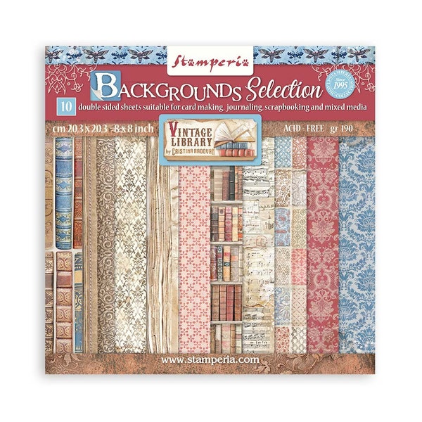 Stamperia 8x8 Vintage Library Backgrounds Selection - Double Sided Card Stock - Vintage Library Collection - Vintage Backgrounds - 23-1343